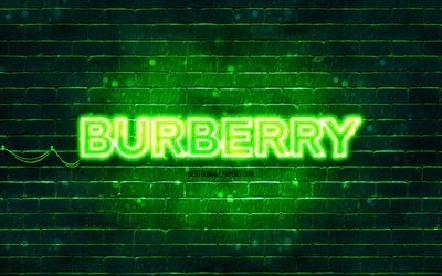 Burberry green logo, 4k, green brickwall, Burberry logo, brands, Burberry neon logo, Burberry