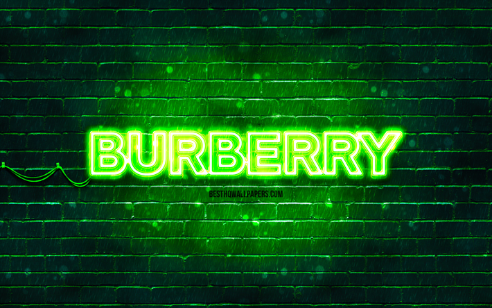 burberry gr&#246;n logotyp, 4k, gr&#246;n brickwall, burberry logotyp, varum&#228;rken, burberry neon logotyp, burberry