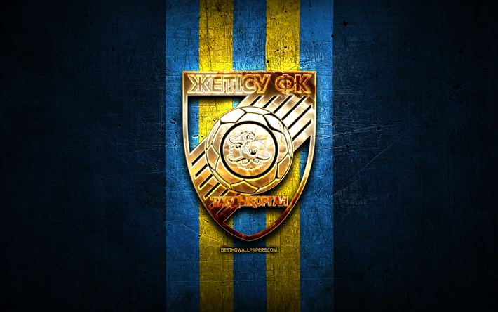 zhetysu fc, kultainen logo, kazakstan premier league, sininen metalli tausta, jalkapallo, kazakstanin jalkapalloseura, fc zhetysu logo, zhetysu taldykorgan