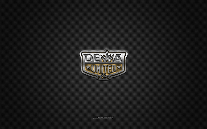 dewa united fc, club de football indon&#233;sien, logo jaune, fond gris en fibre de carbone, liga 1, football, banten, indon&#233;sie, logo dewa united fc