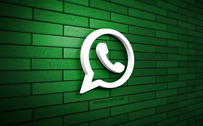 logotipo en 3d de whatsapp, 4k, pared de ladrillo verde, creativo, redes sociales, logotipo de whatsapp, arte 3d, whatsapp