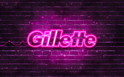 lila gillette-logo, 4k, lila brickwall, gillette-logo, marken, gillette-neon-logo, gillette
