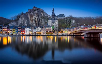 Dinant, citadel, evening, sunset, Dinant cityscape, Belgian city, Namur, Belgium