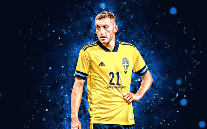 dejan kulusevski, 4k, 2022, nazionale svedese, calcio, calciatori, luci al neon blu, squadra di calcio svedese, dejan kulusevski 4k