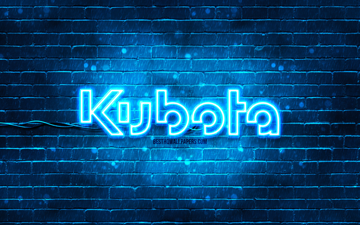 kubota logotipo azul, 4k, azul brickwall, kubota logotipo, marcas, kubota neon logotipo, kubota