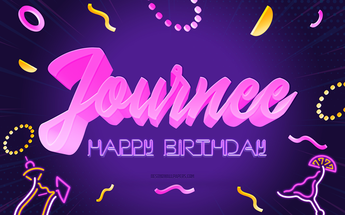 Happy Birthday Journee, 4k, Purple Party Background, Journee, creative art, Happy Journee birthday, Journee name, Journee Birthday, Birthday Party Background