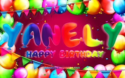 Happy Birthday Yanely, 4k, colorful balloon frame, Yanely name, purple background, Yanely Happy Birthday, Yanely Birthday, popular mexican female names, Birthday concept, Yanely