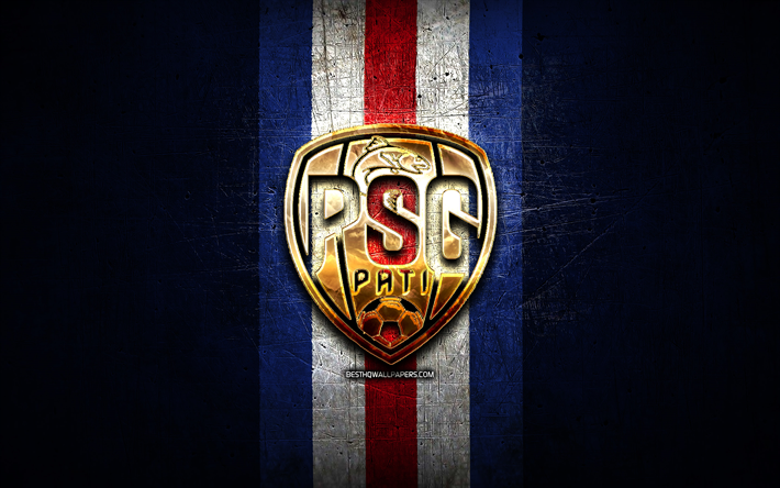 PSG Pati FC, golden logo, Indonesia Liga 1, blue metal background, football, Indonesian football club, PSG Pati logo, soccer, PSG Pati