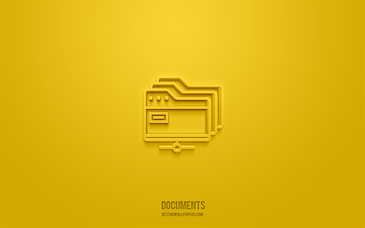 documenti icona 3d, sfondo giallo, simboli 3d, documenti, icone business, icone 3d, segno documenti, icone business 3d