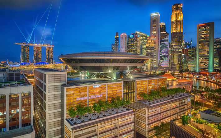 singapore, 4k, skyskrapor, nattlandskap, moderna byggnader, asien, marina bay sands