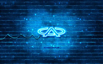 Chery blue logo, 4k, blue brickwall, Chery logo, cars brands, Chery neon logo, Chery
