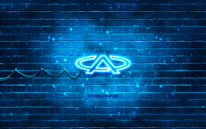 chery mavi logo, 4k, mavi brickwall, chery logo, araba markaları, chery neon logo, chery