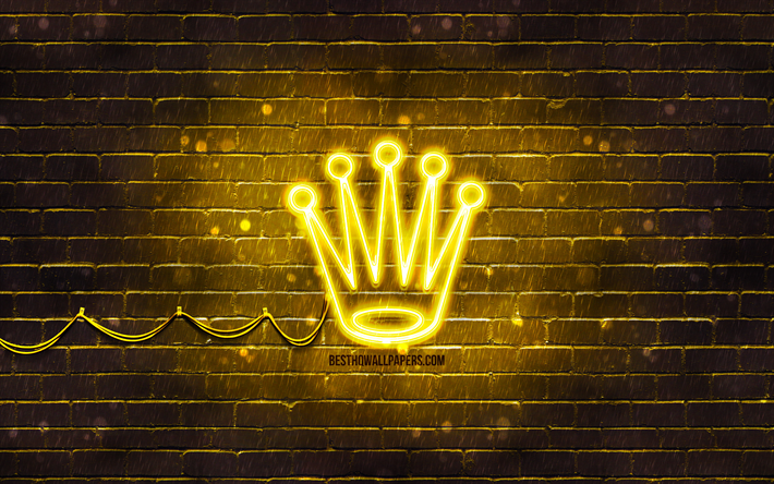 rolex keltainen logo, 4k, keltainen tiilisein&#228;, rolex-logo, tuotemerkit, rolex neon logo, rolex
