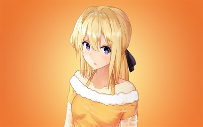 Violet Evergarden, portrait, anime characters, japanese manga, Violet Evergarden characters, main character, orange background