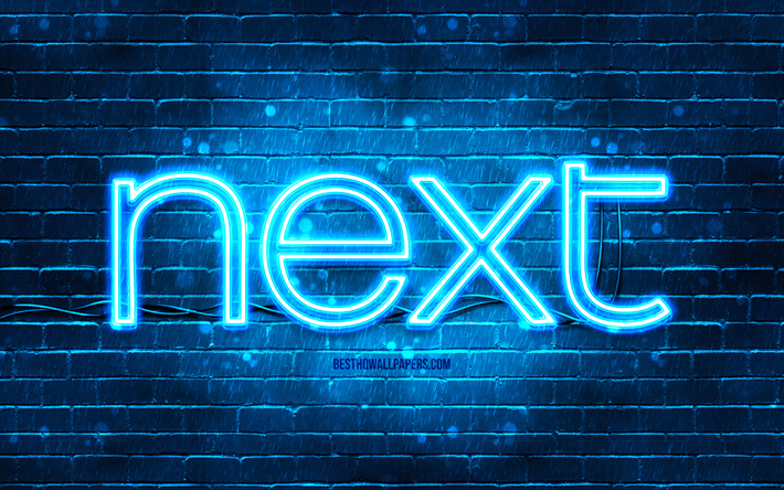 next blaues logo, 4k, blaue brickwall, next-logo, marken, next-neon-logo, next