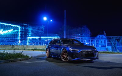 2022, Audi RS 6 Avant, 4k, C8, night, exterior, front view, new blue RS6 Avant, RS6 Avant tuning, German cars, Audi