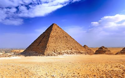 grande pyramide de gizeh, d&#233;sert, sables, ciel bleu, monuments &#233;gyptiens, complexe pyramidal de gizeh, gizeh, afrique, egypte, pyramide de gizeh, plateau de gizeh, grand caire