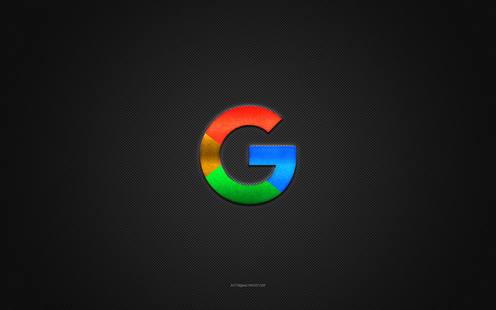 google-logotyp, f&#228;rgglad gl&#228;nsande logotyp, google-metallemblem, gr&#229; kolfiberstruktur, google, varum&#228;rken, kreativ konst, google-emblem