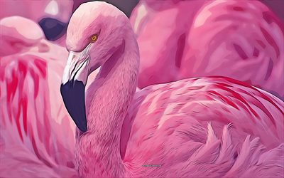 flamingo, rosa f&#229;gel, 4k, vektorkonst, flamingoteckning, kreativ konst, flamingokonst, vektorteckning, abstrakt f&#229;gel, f&#229;gelteckningar