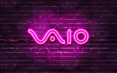 VAIO purple logo, 4k, purple brickwall, VAIO logo, brands, VAIO neon logo, VAIO, Sony VAIO