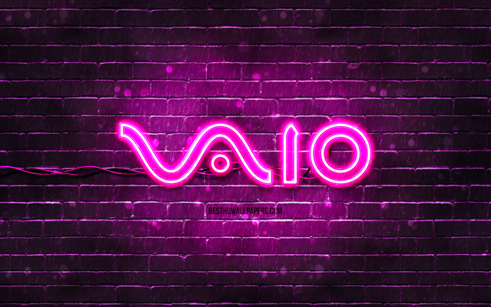 VAIO purple logo, 4k, purple brickwall, VAIO logo, brands, VAIO neon logo, VAIO, Sony VAIO