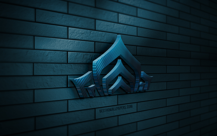 logo warframe 3d, 4k, muro di mattoni blu, creativo, giochi online, logo warframe, arte 3d, warframe