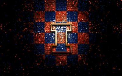 Illinois Fighting Illini, glitter logo, NCAA, blue orange checkered background, USA, american football team, Illinois Fighting Illini logo, mosaic art, american football, America