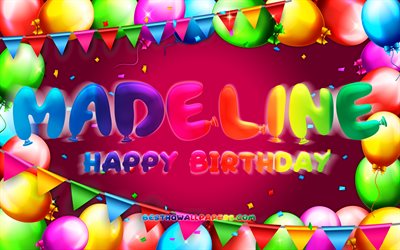 happy birthday madeline, 4k, bunte ballon-rahmen, madeline namen, lila hintergrund, madeline happy birthday, madeline geburtstag, popul&#228;ren amerikanischen weiblichen vornamen, geburtstag-konzept, madeline