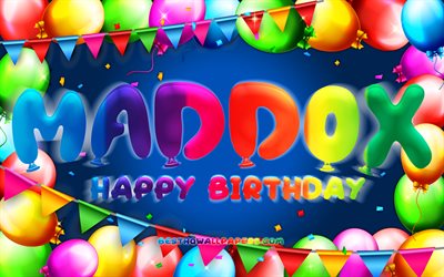 Buon Compleanno Maddox, 4k, palloncino colorato telaio, Maddox nome, sfondo blu, Maddox buon Compleanno, Maddox Compleanno, popolare americana nomi maschili, feste di Compleanno, concetto, Maddox