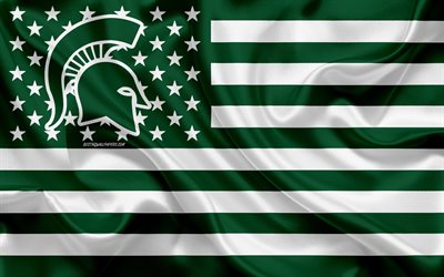 Michigan State Spartans, squadra di football Americano, creativo, bandiera Americana, bandiera verde e bianca, NCAA, East Lansing, Michigan, USA, Michigan State Spartans logo, stemma, bandiera di seta, il football Americano