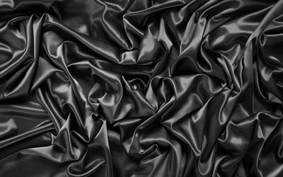 黒サテンの背景, 4k, 絹織, サテン波背景, 黒い背景, 朱子織, サテンの背景, 黒のシルクの質感