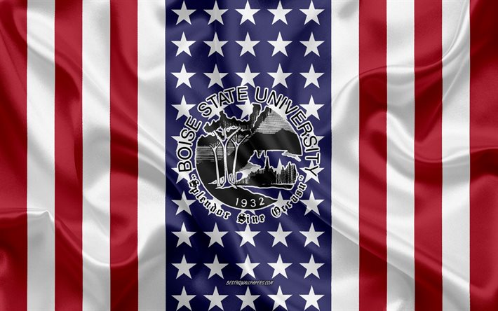 boise state university-emblem, amerikanische flagge, boise state university-logo, boise, idaho, usa, wahrzeichen der boise state university
