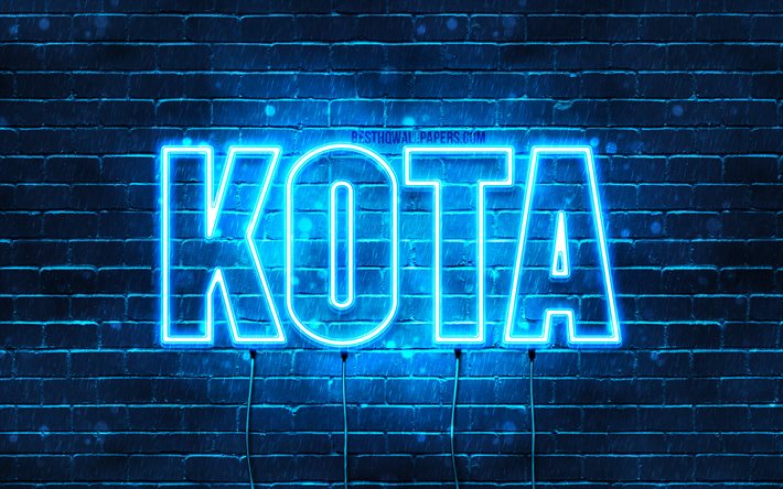 Kaupunki, 4k, taustakuvia nimet, vaakasuuntainen teksti, Kota nimi, Hyv&#228;&#228; Syntym&#228;p&#228;iv&#228;&#228; Kota, suosittu japanilainen mies nimet, blue neon valot, kuva Kota nimi