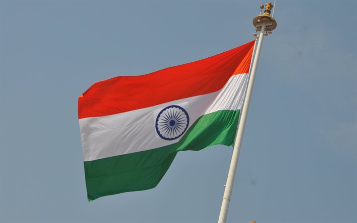 India flag on flagpole, national symbol, India, blue sky, flagpole, flag of India on flagpole