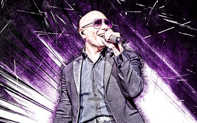 4k, Pitbull, grunge sanat, Amerikalı rap&#231;i, m&#252;zik yıldızları, Armando Christian Perez Acosta, konser, Amerikalı &#252;nl&#252;, mikrofon ile Pitbull, soyut ışınları, yaratıcı mor, 4K Pitbull