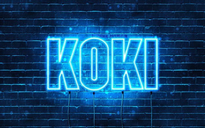 Koki, 4k, fondos de pantalla con los nombres, el texto horizontal, Koki nombre, Feliz Cumplea&#241;os Koki, popular japonesa macho nombres, luces azules de ne&#243;n, imagen con Koki nombre