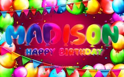 Happy Birthday Madison, 4k, colorful balloon frame, Madison name, purple background, Madison Happy Birthday, Madison Birthday, popular american female names, Birthday concept, Madison