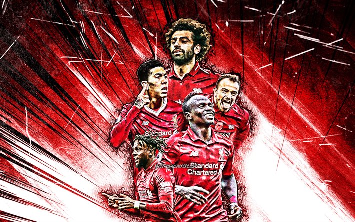 4k, Mohamed Salah, Sadio Mane, Roberto Firmino, Divock Origi, grunge de l&#39;art, le Liverpool FC, les stars du football, Premier League, l&#39;&#233;quipe de Liverpool, rouge, abstrait rayons, le soccer, le LFC