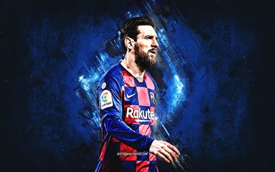 Lionel Messi, el FC Barcelona, retrato, La Liga espa&#241;ola, La catalana de f&#250;tbol del club, de la Liga de Campeones, jugador de f&#250;tbol Argentino, la piedra azul de fondo, f&#250;tbol