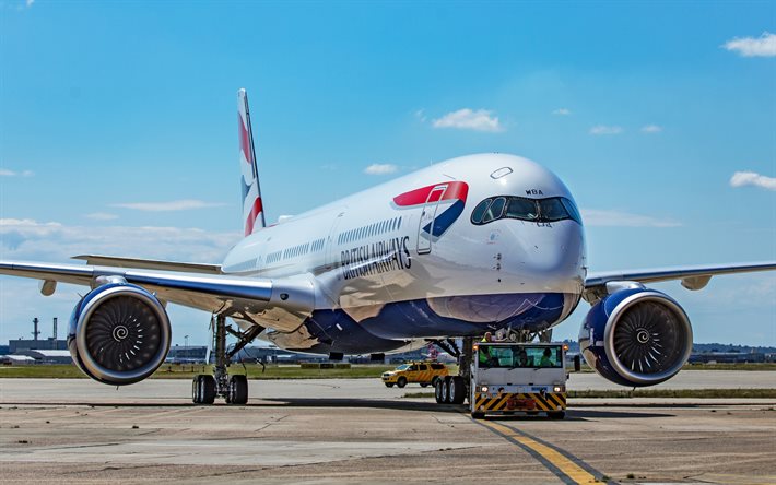 Havaalanında Airbus A350 XWB, British Airways, Airbus A350 yolcu u&#231;ağı, u&#231;ak, u&#231;ak yolculuğu, İNGİLTERE, Airbus