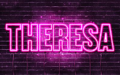 Theresa, 4k, wallpapers with names, female names, Theresa name, purple neon lights, Happy Birthday Theresa, popular german female names, picture with Theresa name