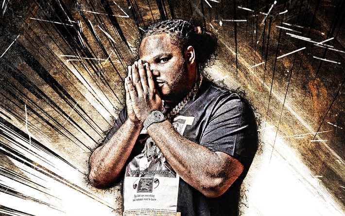4k, Tee Grizzley, grunge art, american rapper, music stars, creative, Terry Sanchez Wallace Jr, brown abstract rays, american celebrity, Tee Grizzley 4K
