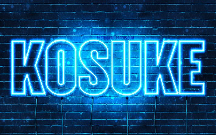 Kosuke, 4k, adları Kosuke adı ile, yatay metin, Kosuke adı, Doğum g&#252;n&#252;n kutlu olsun Kosuke, pop&#252;ler Japon Erkek İsimleri, mavi neon ışıkları, resimli duvar kağıtları
