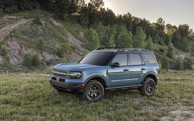 Ford Bronco, 2021, n&#228;kym&#228; edest&#228;, ulkoa, sininen MAASTOAUTO, uusi sininen Bronco, amerikkalaisten autojen, Ford