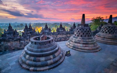 Borobudur, templo Budista Mahayana, el budismo, tarde, puesta de sol, templo antiguo, Barabudur, Magelang, Java Central, Indonesia, templo Budista, templos de Borobudur