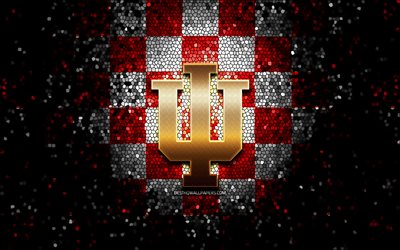 Indiana Hoosiers, glitter logo, NCAA, red white checkered background, USA, american football team, Indiana Hoosiers logo, mosaic art, american football, America