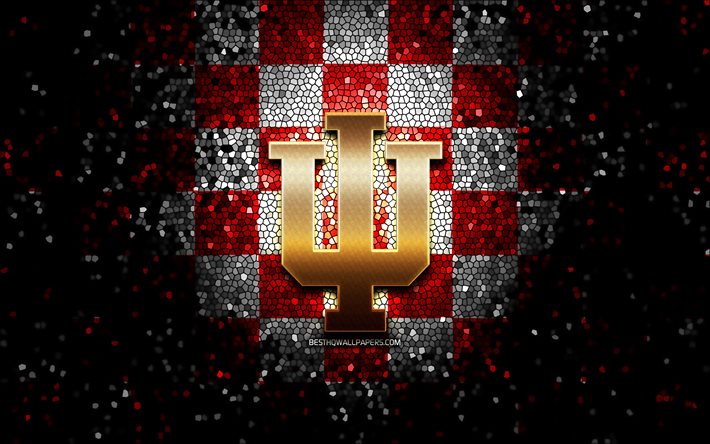Indiana Hoosiers, glitter logotipo, NCAA, vermelho branco fundo quadriculado, EUA, time de futebol americano, Indiana Hoosiers logotipo, arte em mosaico, futebol americano, Am&#233;rica