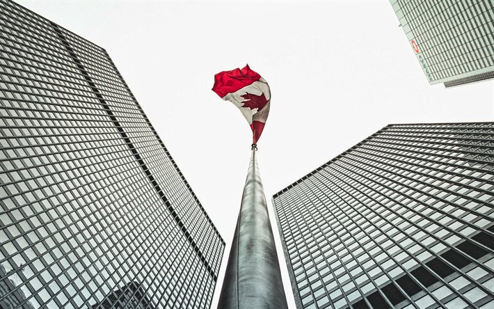 Flag of Canada, Montreal, Canadian flag on flagpole, BMO Bank, skyscrapers, business centers, Canadian flag, Canada