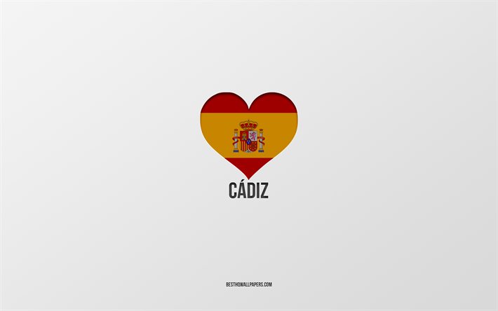 Rakastan Cadiz, Espanjan kaupungeissa, harmaa tausta, Espanjan lippu syd&#228;n, Cadiz, Espanja, suosikki kaupungeissa, Rakkaus Cadiz