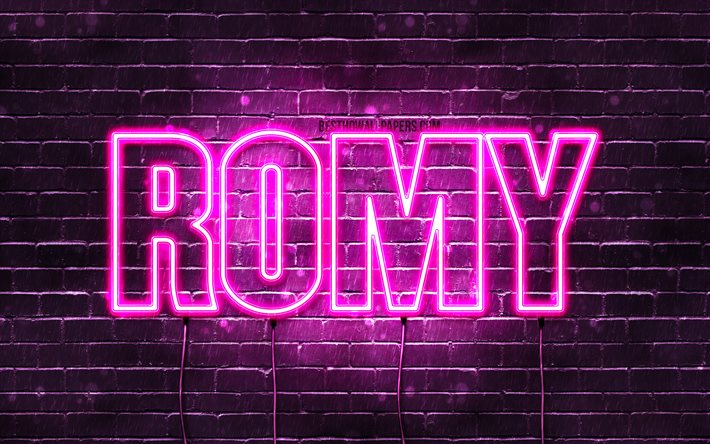 Romy, 4k, tapeter med namn, kvinnliga namn, Romy namn, lila neon lights, Grattis P&#229; F&#246;delsedagen Romy, popul&#228;ra tyska kvinnliga namn, bild med Romy namn